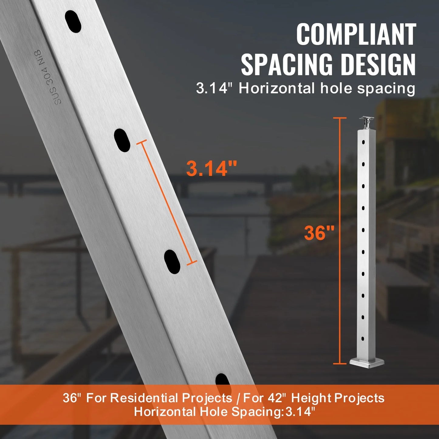 VEVOR Stainless Steel Cable Railing Post for Deck and Stair Applications, Pre-Drilled with Mounting Bracket, 36" x 0.98" x 1.97", Silver Finish