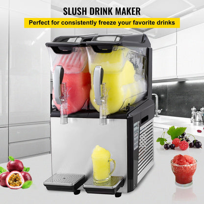 VEVOR 110V Commercial Slushy Machine - 20L Double Bowl Margarita and Frozen Drink Maker with 900W Automatic Cleaning, Day and Night Modes for Supermarkets, Cafes, Restaurants, and Snack Bars