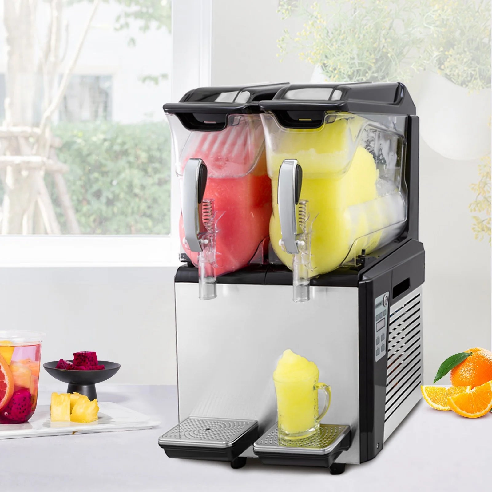 VEVOR 110V Commercial Slushy Machine - 20L Double Bowl Margarita and Frozen Drink Maker with 900W Automatic Cleaning, Day and Night Modes for Supermarkets, Cafes, Restaurants, and Snack Bars
