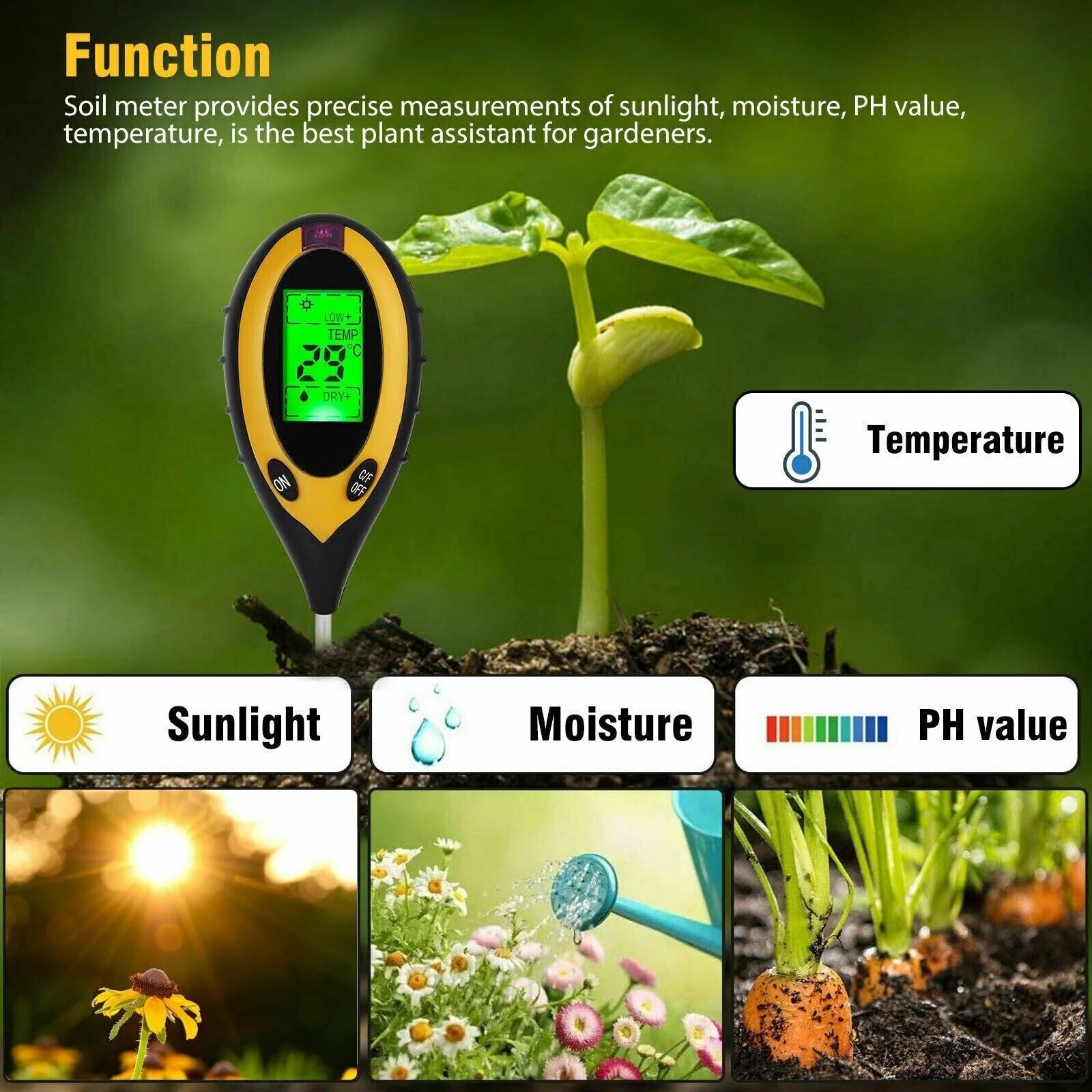 4-in-1 LCD Digital Soil Tester for pH, Moisture, Temperature, and Sunlight Measurement