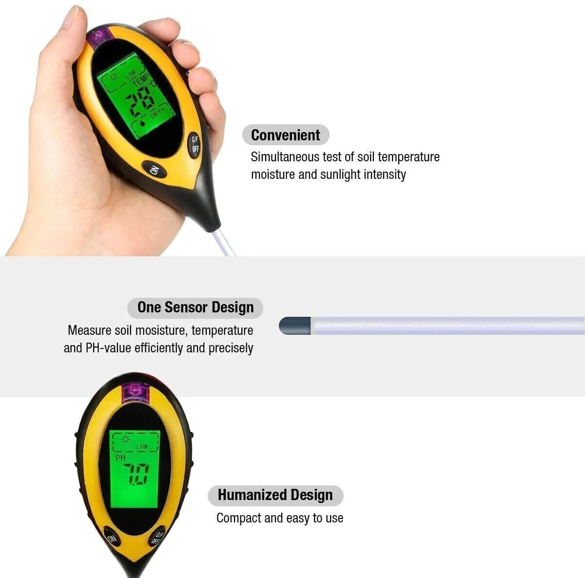 4-in-1 LCD Digital Soil Tester for pH, Moisture, Temperature, and Sunlight Measurement