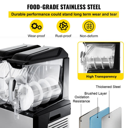 VEVOR 110V Commercial Slushy Machine - 20L Double Bowl Margarita and Frozen Drink Maker with 900W Automatic Cleaning, Day and Night Modes for Supermarkets, Cafes, Restaurants, and Snack Bars