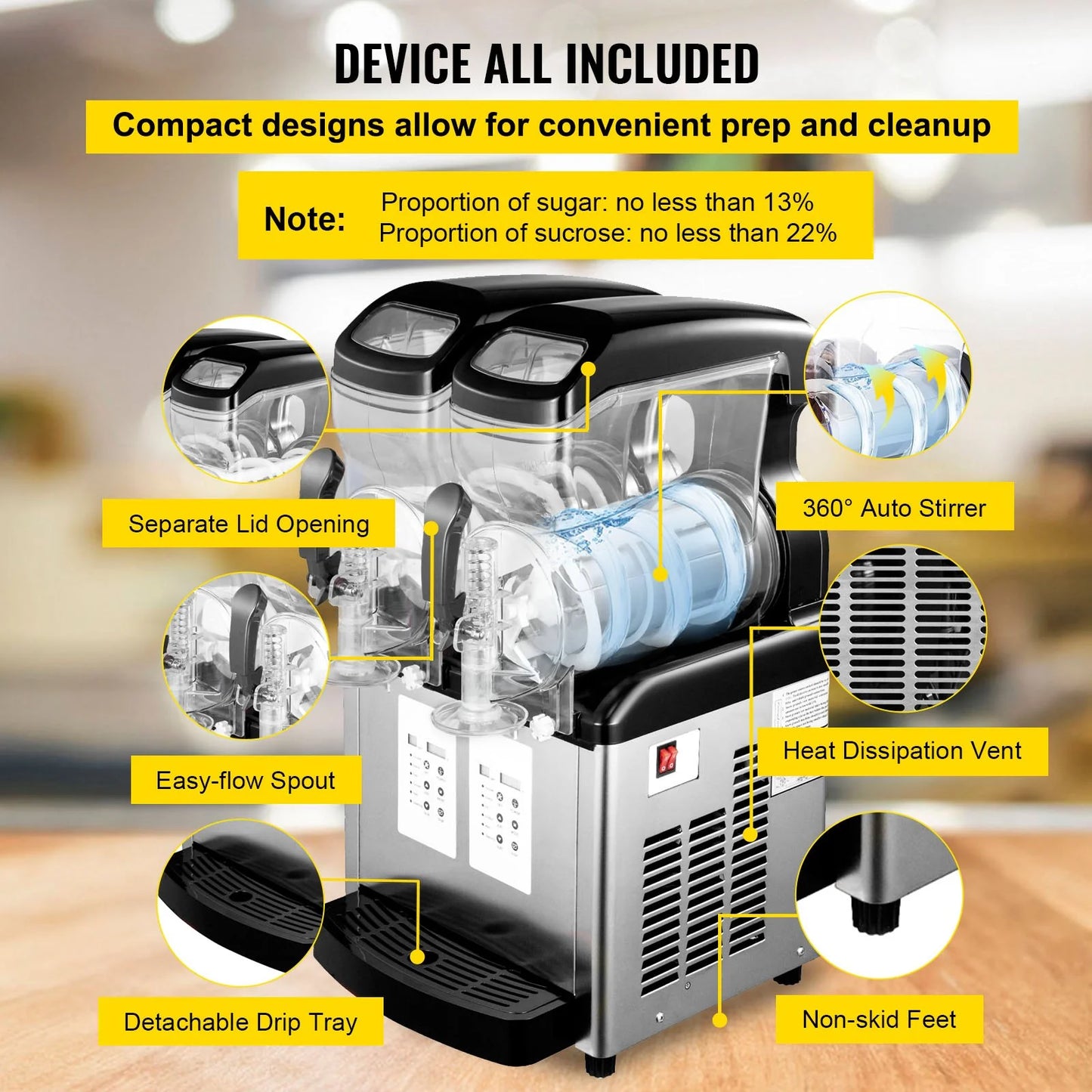 VEVOR 110V Commercial Slushy Machine - 20L Double Bowl Margarita and Frozen Drink Maker with 900W Automatic Cleaning, Day and Night Modes for Supermarkets, Cafes, Restaurants, and Snack Bars