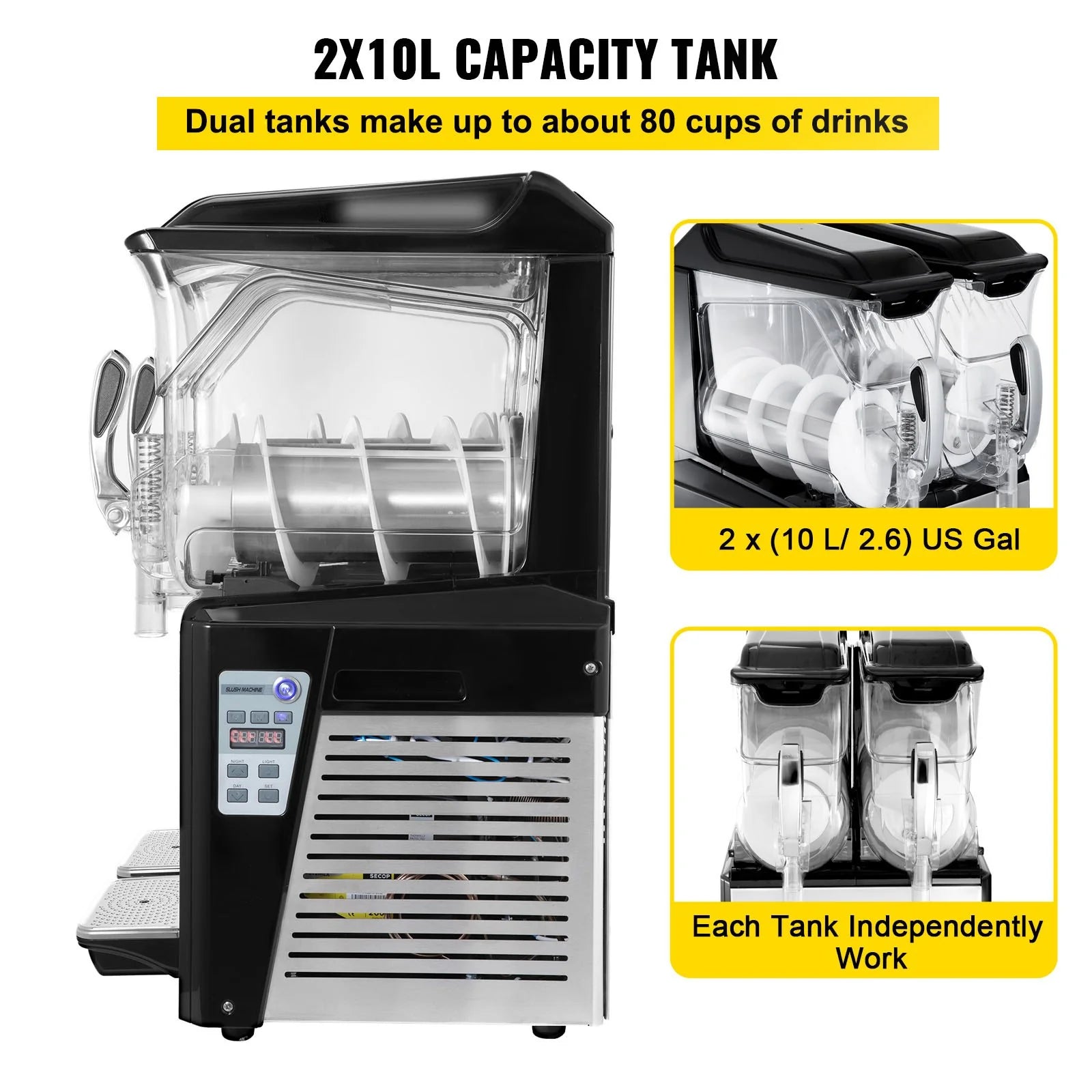 VEVOR 110V Commercial Slushy Machine - 20L Double Bowl Margarita and Frozen Drink Maker with 900W Automatic Cleaning, Day and Night Modes for Supermarkets, Cafes, Restaurants, and Snack Bars