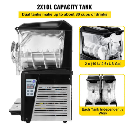VEVOR 110V Commercial Slushy Machine - 20L Double Bowl Margarita and Frozen Drink Maker with 900W Automatic Cleaning, Day and Night Modes for Supermarkets, Cafes, Restaurants, and Snack Bars