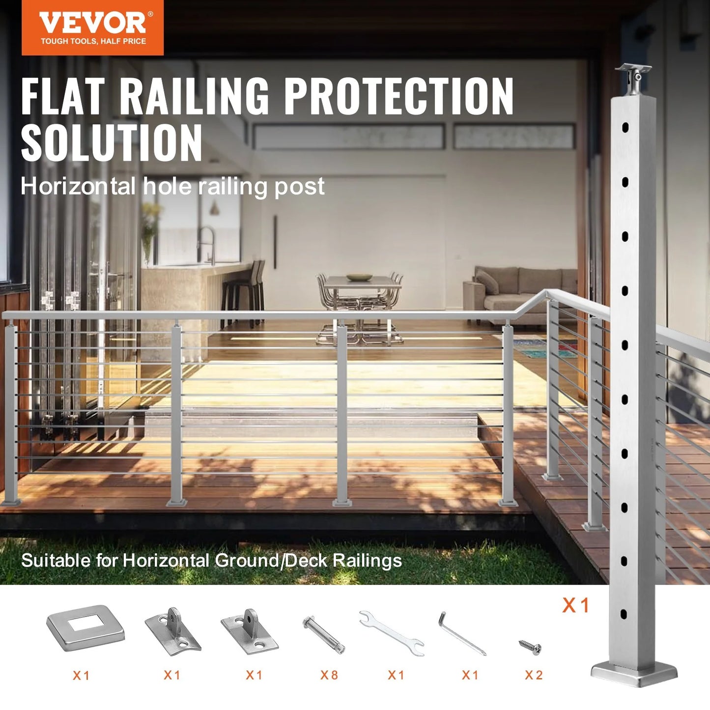 VEVOR Stainless Steel Cable Railing Post for Deck and Stair Applications, Pre-Drilled with Mounting Bracket, 36" x 0.98" x 1.97", Silver Finish