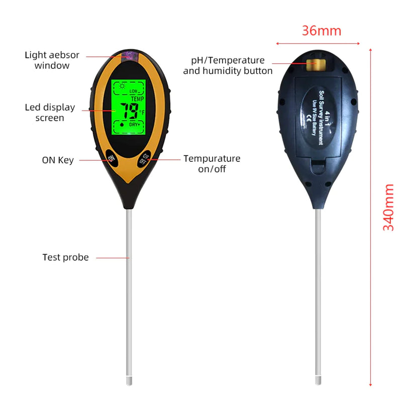 4-in-1 LCD Digital Soil Tester for pH, Moisture, Temperature, and Sunlight Measurement