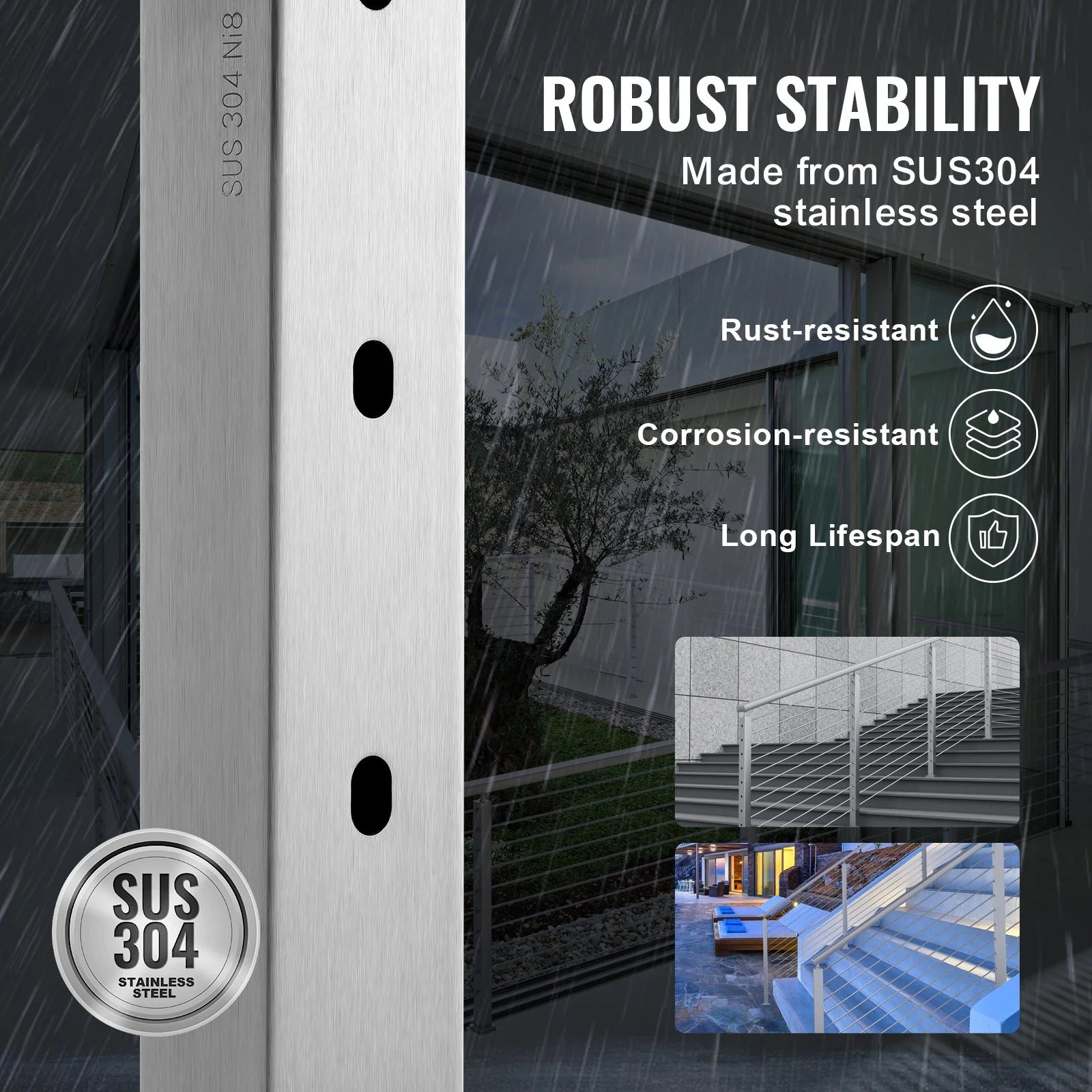 VEVOR Stainless Steel Cable Railing Post for Deck and Stair Applications, Pre-Drilled with Mounting Bracket, 36" x 0.98" x 1.97", Silver Finish