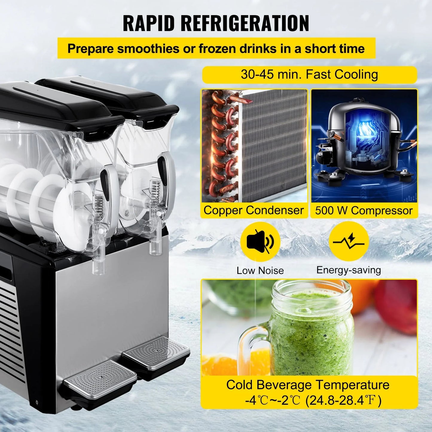 VEVOR 110V Commercial Slushy Machine - 20L Double Bowl Margarita and Frozen Drink Maker with 900W Automatic Cleaning, Day and Night Modes for Supermarkets, Cafes, Restaurants, and Snack Bars