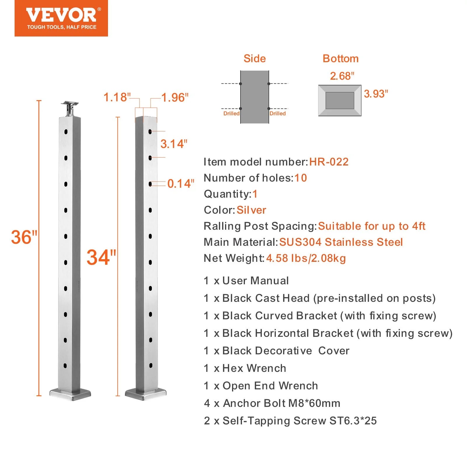 VEVOR Stainless Steel Cable Railing Post for Deck and Stair Applications, Pre-Drilled with Mounting Bracket, 36" x 0.98" x 1.97", Silver Finish